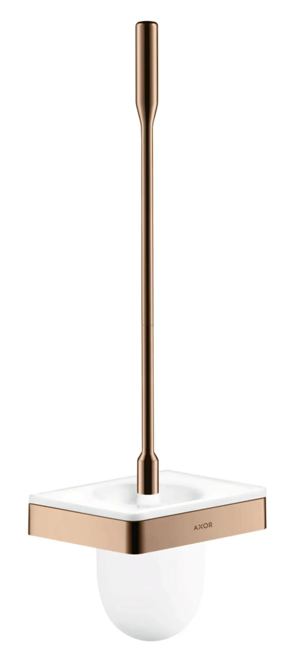 Toilettenbürstenhalter mit quadratischem Boden in Weiß und glänzend rosegoldenem Metall. Design von AXOR, zur Wandmontage geeignet.